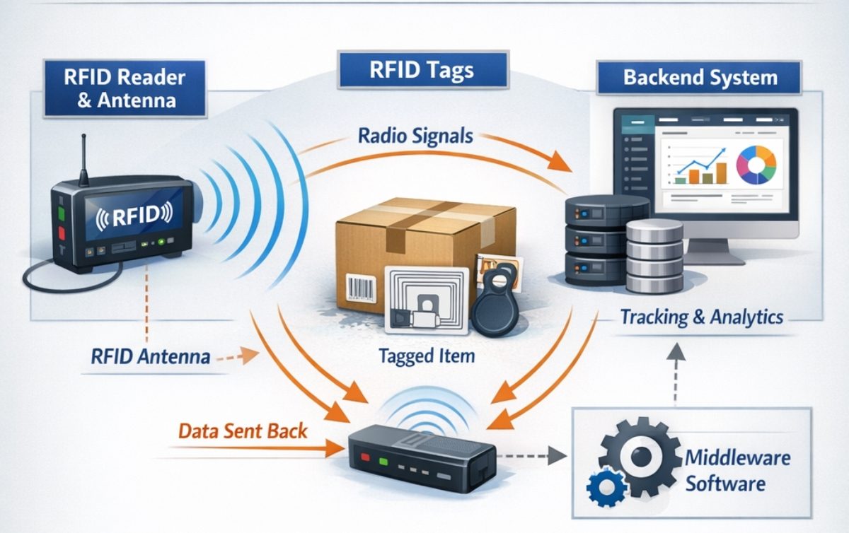 How RFID Readers Work diagram showing RFID reader, antenna, tags, middleware, and backend tracking system
