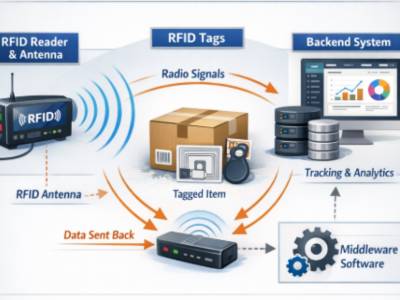RFID system working diagram showing RFID reader antenna tags and backend tracking system.