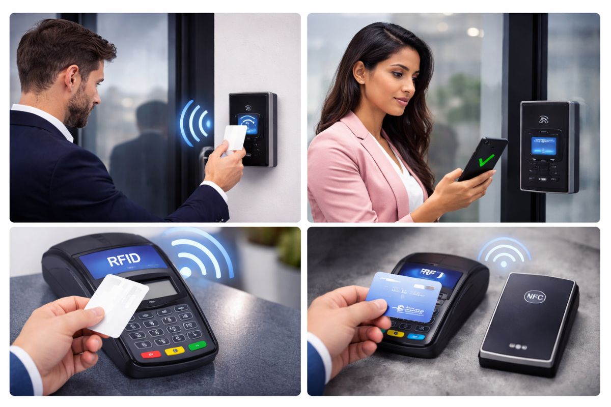 Which is better NFC or RFID comparison showing RFID scanning and NFC smartphone payment