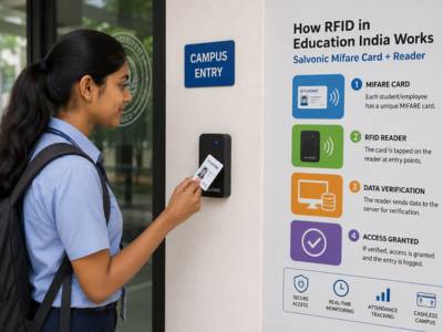 RFID in education India process -student presenting contactless smart card at campus library reader