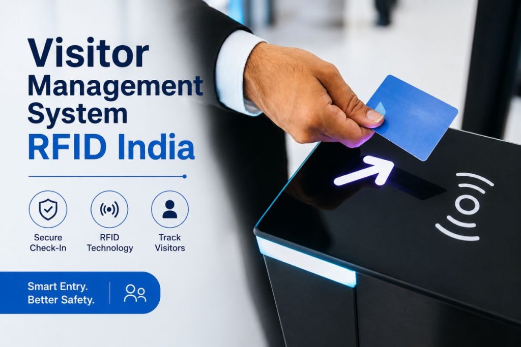 Visitor management system RFID India workflow - visitor pre-registration screen to RFID badge to access reader